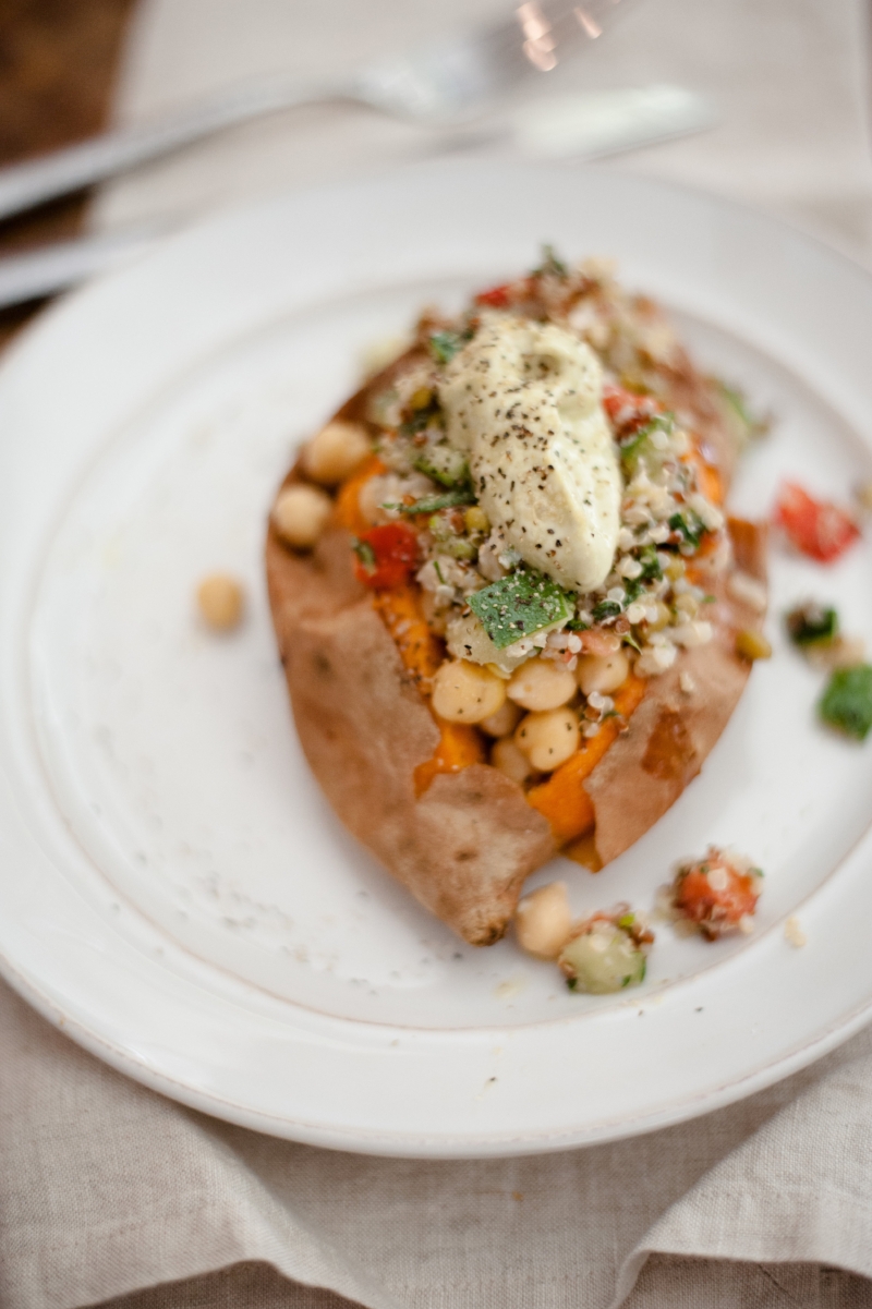 Vegan Mediterranean Stuffed Sweet Potato | Lisa Stoner Events