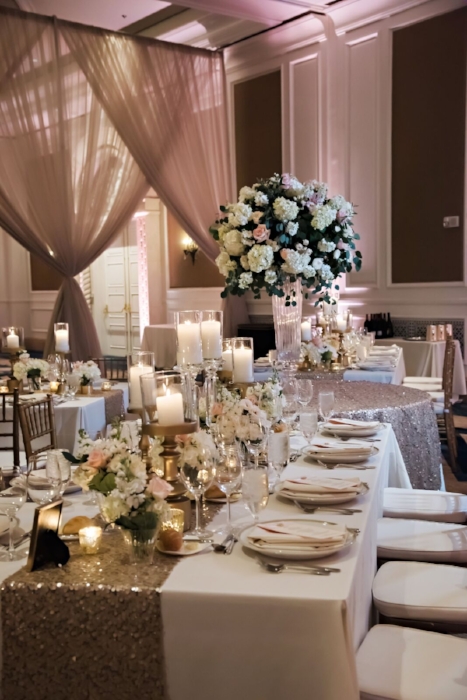 lia stoner weddings- long guest table - wedding with pink and white decor - rose gold table runners- low wedding centerpieces - pink and white wedding.jpg