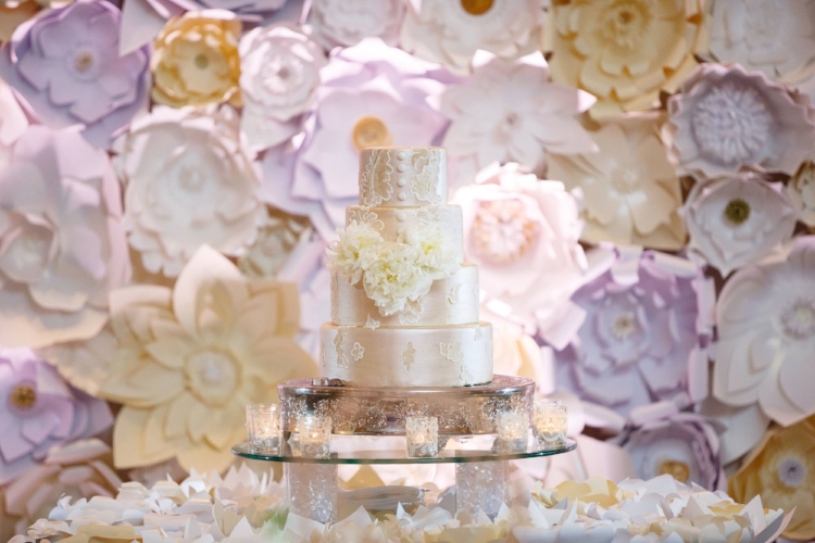 lisa stoner events- orlando luxury wedding planner- ritz carlton orlando grande lakes- paper flower wall - white wedding cake - lace applique with satin buttons.jpg